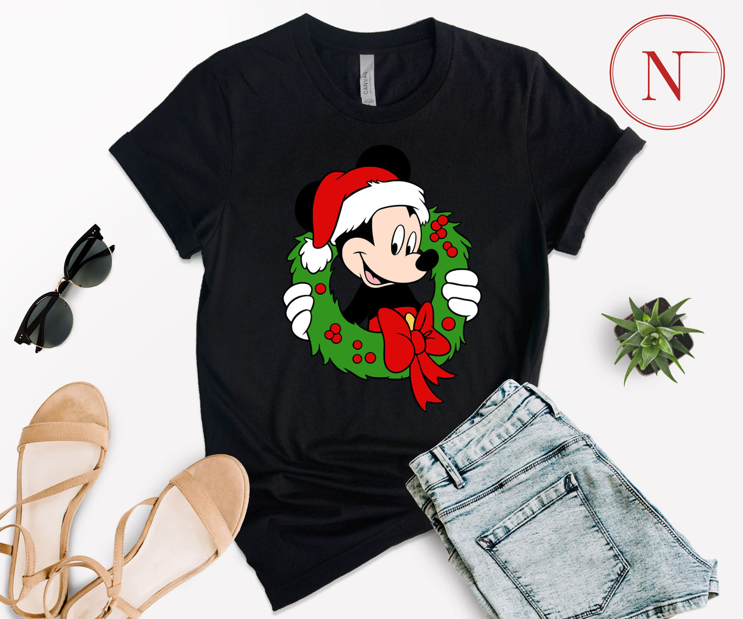 Festive Mickey Mouse Christmas Wreath Shirt – Family Matching Christmas Graphic Tees