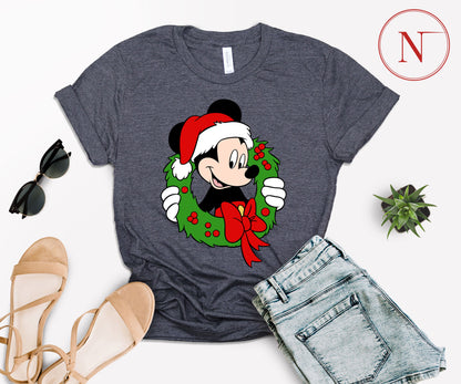 Festive Mickey Mouse Christmas Wreath Shirt – Family Matching Christmas Graphic Tees