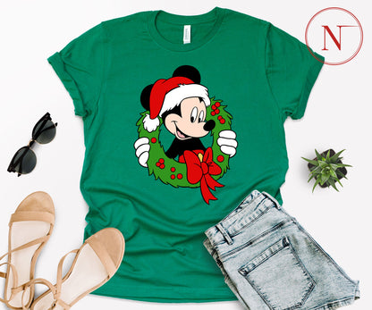 Festive Mickey Mouse Christmas Wreath Shirt – Family Matching Christmas Graphic Tees