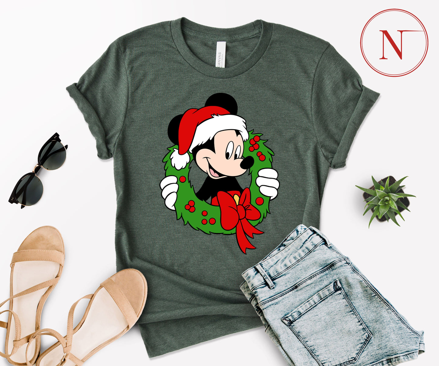 Festive Mickey Mouse Christmas Wreath Shirt – Family Matching Christmas Graphic Tees