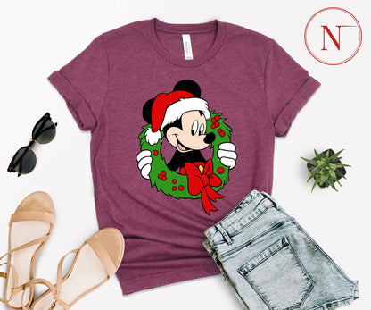 Festive Mickey Mouse Christmas Wreath Shirt – Family Matching Christmas Graphic Tees