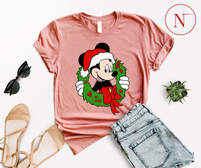 Festive Mickey Mouse Christmas Wreath Shirt – Family Matching Christmas Graphic Tees