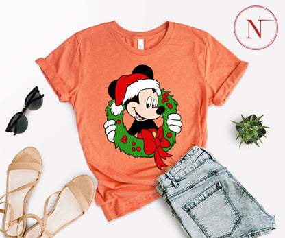 Festive Mickey Mouse Christmas Wreath Shirt – Family Matching Christmas Graphic Tees