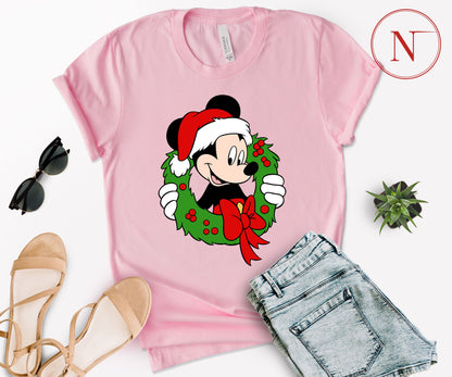 Festive Mickey Mouse Christmas Wreath Shirt – Family Matching Christmas Graphic Tees