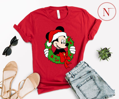 Festive Mickey Mouse Christmas Wreath Shirt – Family Matching Christmas Graphic Tees