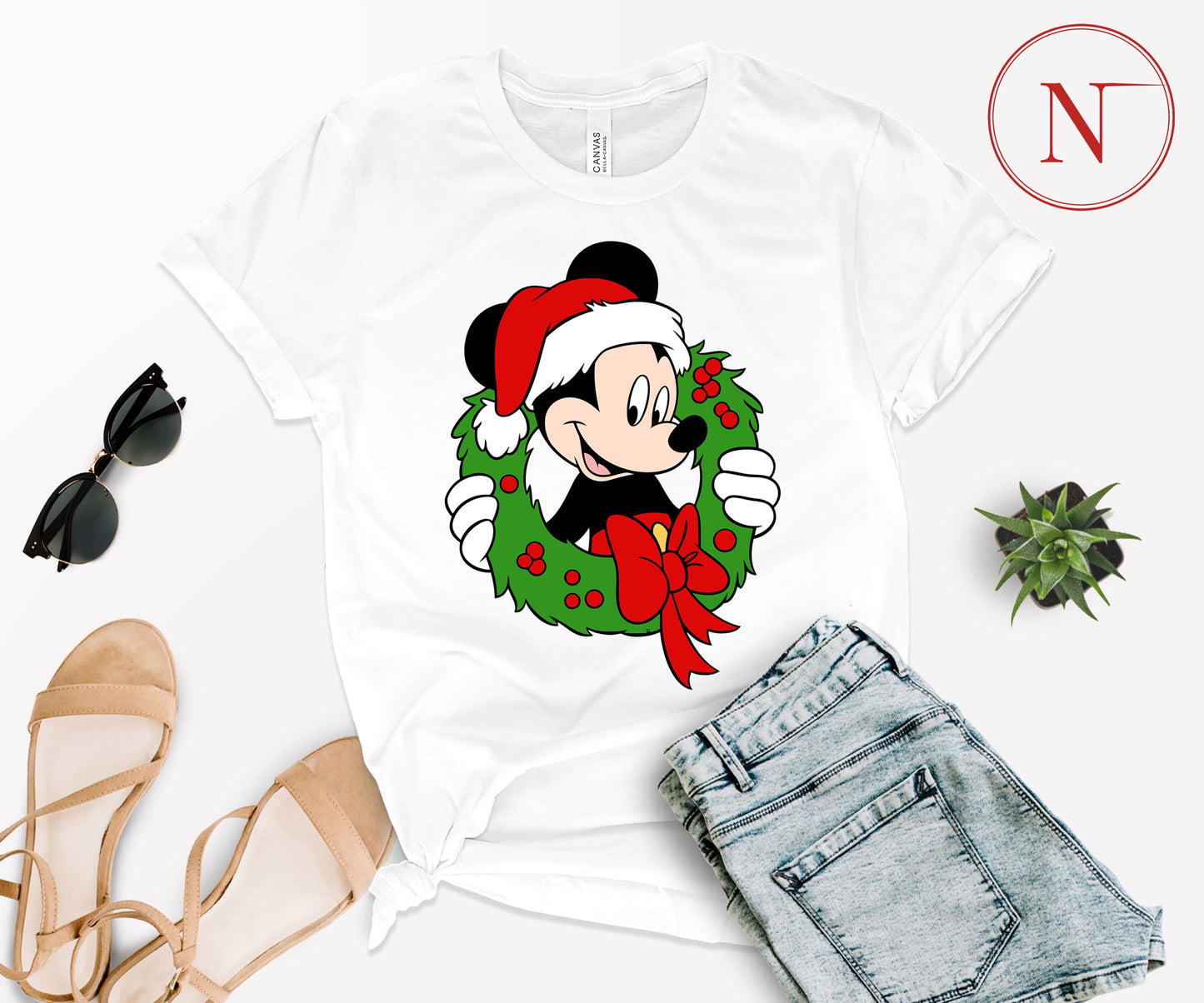 Festive Mickey Mouse Christmas Wreath Shirt – Family Matching Christmas Graphic Tees