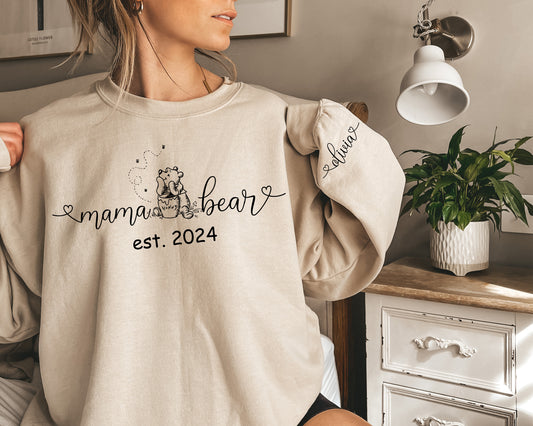 Custom Mama Bear Sweatshirt, Winnie The Pooh Sweater, Custom Sleeve Name Hoodie-newamarketing